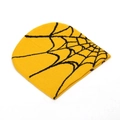 Close-up of yellow knit beanie featuring detailed black spider web jacquard pattern - Yellow and Black (A)