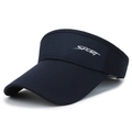 Dark blue sports sun visor hat with white SPORT logo and mesh fabric texture - Adjustable / Navy Blue