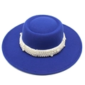 Close-up of royal blue wool felt boater hat with white band and clustered pearl detailing - M (56-58cm) / Blue