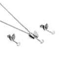 Silver stainless steel butterfly jewelry set with black wings and cubic zirconia crystals - Steel Color (KS116402-KSP)