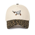 Close-up of goose with knife embroidery on a contrast beige and leopard print baseball cap - Cream/Leopard