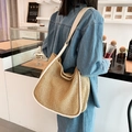 Bolso tote de paja trenzada de verano con ribete de cuero blanco para mujer - Blanco