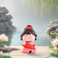Mini Tang dynasty lady figurine in pink robe holding a Xiao Kou Chang Kai scroll - 1056-12 Pink Skirt Hairpin Flower / Ancient Style Ornament Series