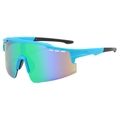 Detail of sky blue cycling sunglasses with gradient green purple lens and vent holes - Blue Frame Green Mirror