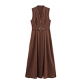 Elegant sleeveless dark brown V-neck maxi dress with button details and metal buckle belt - XS / Coffee