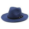 Navy blue straw fedora hat with brown leather band and metallic studs for sun protection - M (56-58cm) / Navy Blue