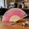 Traditional wooden folding fan with pink gradient plum blossom and butterfly patterns - Style 61 (New Style)