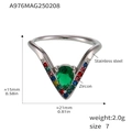 Bague en V en acier inoxydable argenté avec zircon vert et pierres multicolores - Argent Zircon Vert