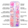 Close-up of 12-grid nail art sequins box with pink shells, butterflies and heart shapes - T-304 (Butterfly Shell Flower Style)