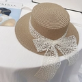 Straw boater hat with white lace ribbon and bow decoration for summer beach style - M (56-58cm) / Khaki Boater Lace