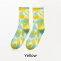 Tie-dye mid-calf cotton socks featuring lemon yellow and lake blue gradient swirls - Yellow