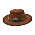 Bruine vilten fedora met brede rand, etnische kwastjes en turkooizen kraaldecoratie - Eén maat / Khaki