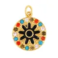 Mini round gold charm with colorful zirconia stones and a black enamel sunflower pattern - Bohemian Black Floral Round Pendant (ADF8990-Black)