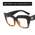Square cat-eye glasses with black and leopard print frame and golden rivet details - Black and Leopard Print