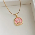 Vintage oil painting style floral pendant necklace with natural pearl and gold snake chain - Lotus Pearl-Pink 0360F