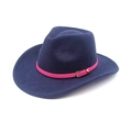 Detail of dark blue felt cowboy hat with pink leather strap and golden metal buckle - M (56-58cm) / Navy Blue