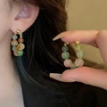 Elegant beaded hoop earrings with green and orange beads on gold-tone studs for women - Colorful Agate (14#)