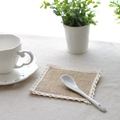 Linen placemat with delicate cream crochet lace trim for farmhouse table decor - Jute Coaster 10*10
