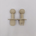 Baby silicone fork and spoon set with panda design and safety shield in light khaki - Off-white