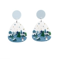 Winter snowman illustration drop earrings with blue studs and snowflake landscape - Teardrop Christmas Snowman Illustration