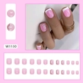 Short French tip press-on nails with white floral patterns and gold foil details - Pink Tender Flowers (W1130)