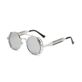 Steampunk sunglasses with silver round frame, light grey lenses and spring temple design - Silver Frame White Mirror Lens