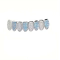 Hiphop grillz with 8-tooth design in silver finish and blue-white cubic zirconia - 8-Teeth Bottom (with Molding Bar) / Blue and White Zirconia