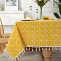 Yellow linen tablecloth with white geometric patterns and cream tassels in cozy dining room - 60*60cm / Yellow Geometric with Beige Tassels
