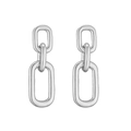 Detailed close-up of geometric silver chain earrings with three nested rectangular links - Platinum Color Oval