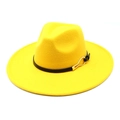 Detail of yellow wool fedora hat featuring a black leather band and gold metal buckle - M (56-58cm) / Yellow