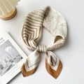 Elegant off-white silk scarf with brown lily floral pattern and geometric border - Khaki Floral Lines