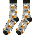 Halloween Socken mit grauem Grund und Mustern von Gespenstern, Kürbissen und Fledermäusen - A2015 Grau Geist Kürbis