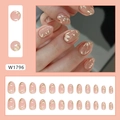 Set de 24 uñas postizas color nude con hojas de bambú doradas y forma de almendra - W1796 Hoja de Bambú Dorada (Estilo Pegamento)