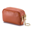 Three-layer brown pebble grain leather coin purse with gold hardware and key ring - Khaki/Earth Yellow
