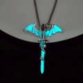 Luminous dragon wrapping around a sword pendant with blue-green glow on a silver chain - Cyan Glow