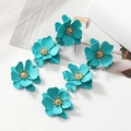 Teal tiered 3-flower drop earrings with gold stamen centers for women - Light Blue