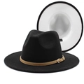 Detailed view of wool fedora with contrast white underbrim and leather buckle band - Black+White