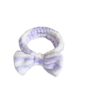 Purple and white striped coral fleece headband with a soft plush bow for face washing - Purple Striped