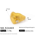 Golden stainless steel ring featuring vertical ribbing and a heart-shaped zircon stone - Ribbed Heart Style (NB-R24469)