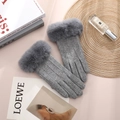 Women's winter thermal grey knit gloves with thick plush cuffs and touchscreen design - Woolen Triple Line Fur Cuff / Gray