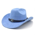 Sky blue suede cowboy hat detail featuring a woven band with turquoise silver buckle - M (56-58cm) / Sky Blue