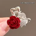 Elegant 2.8cm red rose hair claw clip with velvet petals and rhinestone silver leaves - One #4 Red Rose Hair Clip - Approximately 2.8cm
