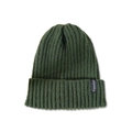 Detailed view of dark green rib-knit beanie with Freedom textile label and thick texture - Army Green