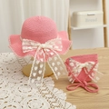 Close-up of pink straw hat and matching bag with heart lace bow and wavy edge - 52cm 3-6 Years / Set - Peach Red