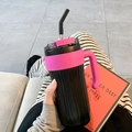 316 stainless steel insulated tumbler in black with contrast pink handle and straw - Black 860ml