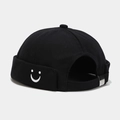 Black cotton docker hat with white smiley face embroidery and adjustable metal buckle - U Smile Black