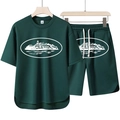 Set t-shirt e pantaloncini da uomo verde scuro con stampe architettoniche bianche - Taglia M / Verde