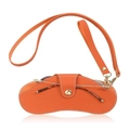 Orange lychee leather glasses pouch with a long shoulder strap and snap closure - Wristlet + Lanyard Style / Orange