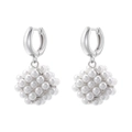 Detailed view of silver hoop earrings featuring white pearl cube-shaped drop pendants - Square Cube Style Silver (VE1347)