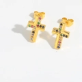 Golden cross stud earrings featuring vibrant multicolor zircon stones on a white background - Cross